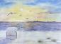 Preview: 25 fine art postcards Cux14 Cuxhaven Sahlenburg - beach chair in the sunset with the island of Neuwerk on the horizon - watercolor