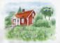 Preview: Aquarell DIN A4 Bild Aquarelldruck Schweden Haus Schwedenhaus Sommerhaus sommarstuga Fahne