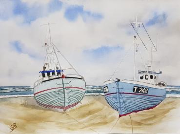 Watercolor fishing boat beach Lökken Denmark picture art original signed 30 x 40 cm