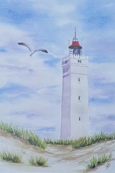 Watercolor Art Print Lighthous Danmark Blåvand Blavand Dune Picture Art  A3