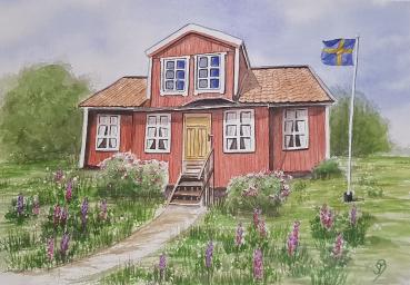 Watercolor DIN A4 picture watercolor print Sweden house Sweden house summer house - 21 x 29 cm