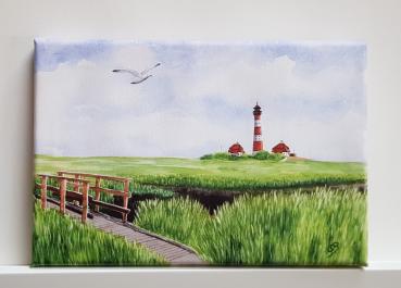Westerhever Leuchtturm Jever Nordsee - Aquarell Kunstdrucke auf Leinwand - Keilrahmen 30 x 20 cm