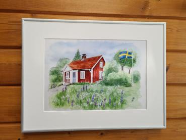 Aquarell DIN A4 Bild Aquarelldruck Schweden Haus Schwedenhaus Sommerhaus sommarstuga Fahne