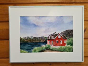 Aquarell DIN A4 Bild Aquarelldruck Norwegen Fjord Haus Berge