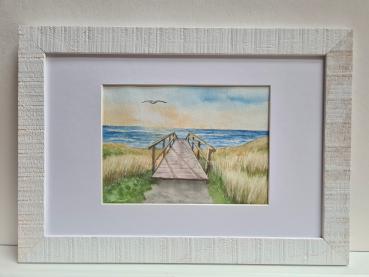 Original Aquarell Strand Meer Steg Düne Sonnenuntergang Sylt - original Gemälde inkl. Rahmen