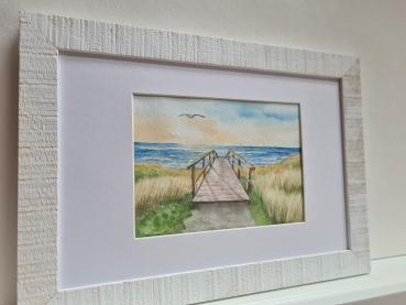 Original Aquarell Strand Meer Steg Düne Sonnenuntergang Sylt - original Gemälde inkl. Rahmen