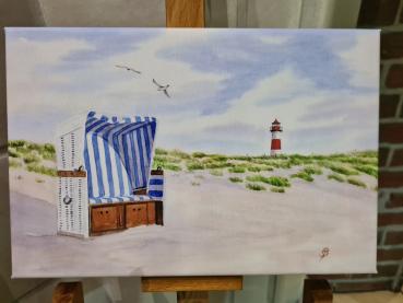 Strandkorb Leuchtturm Sylt List Strand - Aquarell Kunstdrucke auf Leinwand - Keilrahmen 30 x 20 cm
