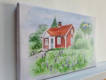 Schweden Haus am See - Aquarell Kunstdrucke auf Leinwand - Keilrahmen 30 x 20 cm