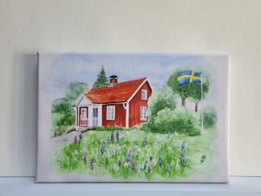 Schweden Haus Schwedenhaus - Aquarell Kunstdrucke auf Leinwand - Keilrahmen 30 x 20 cm