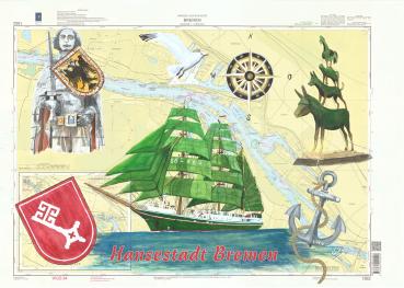 Bremen Seekarte Segelschiff Alexander von Humboldt Roland Stadtmusikanten Aquarell Druck DIN A4 Bild