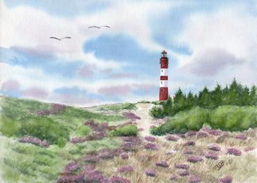 Watercolor print A4 picture beach lighthouse island Amrum sea dune seagull watercolor print North Sea