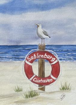 25 art postcards Cux05 Cuxhaven life ring Sahlenburg with seagull and beach chair - watercolor