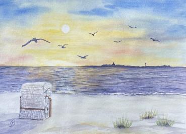 25 fine art postcards Cux14 Cuxhaven Sahlenburg - beach chair in the sunset with the island of Neuwerk on the horizon - watercolor