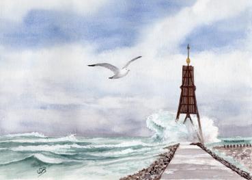 Watercolor DIN A4 picture watercolor print Cuxhaven Duhnen Bake North Sea dune sea gull