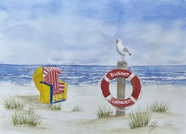 25 art postcards Cux05 Cuxhaven life ring Duhnen with seagull and beach chair - watercolor