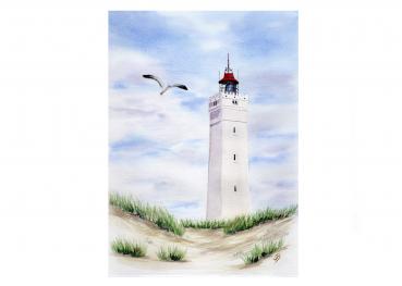 Watercolor DIN A4 picture Blåvand lighthouse dune Denmark art print Blavand watercolor print
