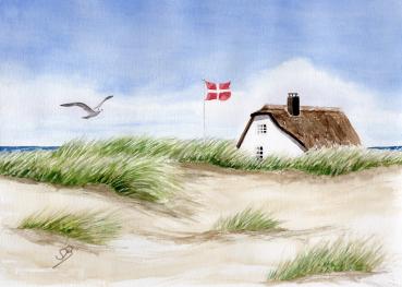 Watercolor picture watercolor print Denmark beach house beach dune sea gull ca.15 x 21 cm