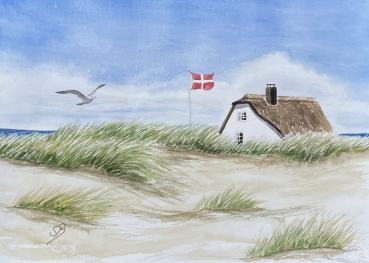 Watercolor picture watercolor print Denmark beach house beach dune sea gull ca.21 x 29 cm