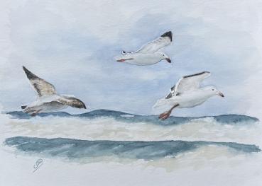 Watercolor DIN A5 picture watercolor print seagulls beach waves sea