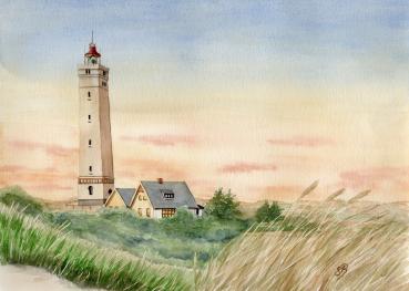 Watercolor DIN A4 picture Blåvand lighthouse in the sunset Denmark art print Blavand watercolor print