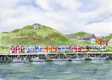 Watercolor print DIN A4 picture watercolor print island Helgoland harbor lobster shacks
