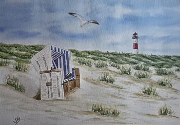 Aquarell Kunstdruck Strand Düne Meer Nordsee Sylt Strandkorb mit Sonnenuntergang Druck Bild Kunst Original A3