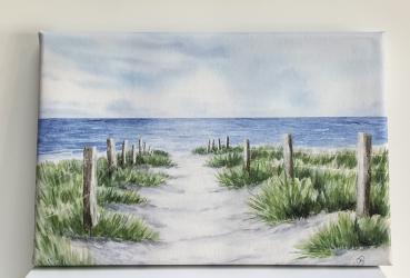 Beachway Beach Sea  Ocean - watercolor art prints on canvas - stretcher frame 30 x 20 cm