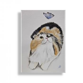 Watercolor picture cat with butterfly animal 24 x 32 cm Originally signed