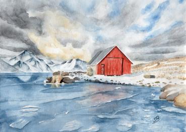 Aquarell DIN A5 Bild Norwegen Island Grönland Färöer Inseln Haus Winter Bild Druck