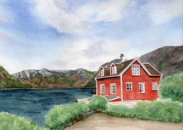 Aquarell DIN A4 Bild Aquarelldruck Norwegen Fjord Haus Berge