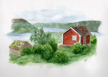 Aquarell DIN A4 Bild Aquarelldruck Norwegen Fjord Haus Bergehütte