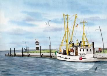Watercolor DIN A4 picture harbor lighthouse Kleiner Preusse sea gull fishing boat Wremen Wurster North Sea coast