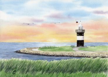 Watercolor DIN A4 picture harbor lighthouse Kleiner Prussia sea gull sunset Wremen Wurster North Sea coast watercolor print