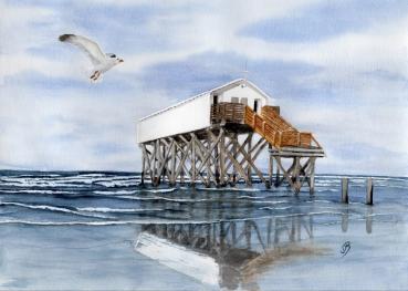 Watercolor print DIN A4 picture watercolor print Sankt Peter-Ording beach sea waves seagull
