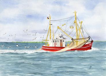 Aquarell DIN A4 Bild Nordsee Fischerboot Möwen Krabbenkutter 21 x 30 cm Kunstdruck