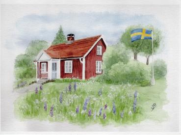Schwedenhaus Haus Schweden mit Fahne 28,5 x 20,5 cm Druck auf Aquarellpapier