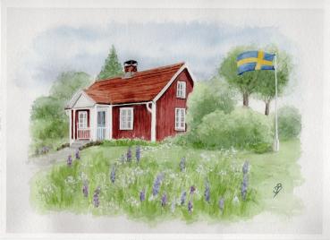 Schwedenhaus Haus Schweden mit Fahne 21,5 x 15,5 cm Druck auf Aquarellpapier