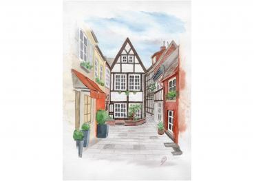 Watercolor DIN A4 picture watercolor print Bremen Oldtown Schnoor Schnoorcorner