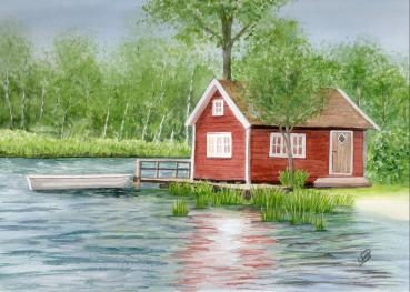 Watercolor DIN A4 picture watercolor print Sweden house Sweden house summer house by the lake