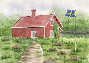 Watercolor picture landscape house Sweden 30 x 40 cm Original painting signed