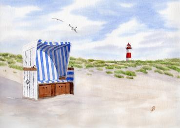 Watercolor DIN A4 picture island Sylt List lighthouse beach chair 21 x 30 cm art print