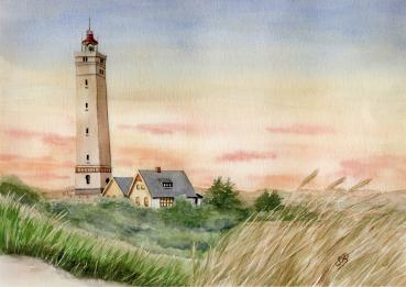 Watercolor Art Print Lighthous Danmark Blåvand Blavand Dune Picture Art  A3