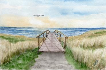 Original watercolor beach sea jetty dune sunset Sylt - original painting incl. frame