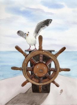 Watercolor picture seagull steering wheel maritime painting art original 32 x 24 cm