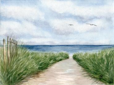 Watercolor beach path sea dune 30 x 40 cm original painting signed