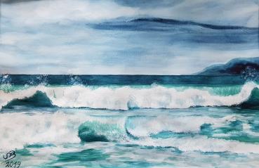 Large watercolor original signed waves beach sea 56 x 42 cm