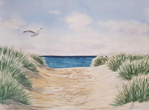 Aquarell Bild Düne Strand Strandweg  Meer Nordsee Dänemark  30 x 40 cm Original siniert