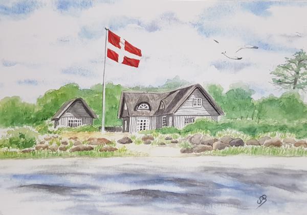 Aquarell DIN A4 Bild Aquarelldruck Dänemark Strandhaus Strand Fahne Meer Möwe