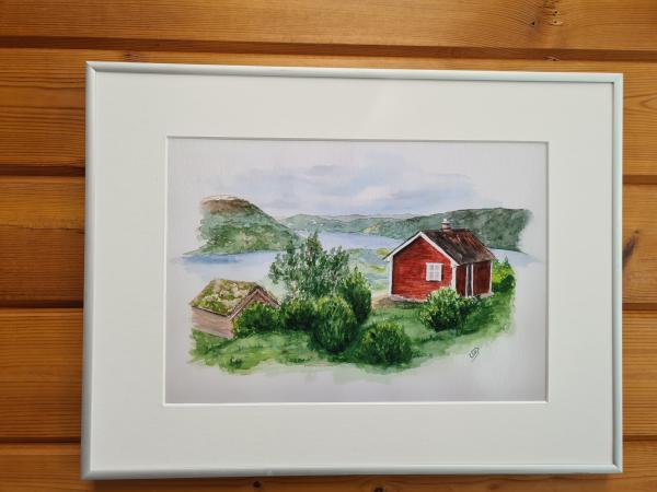 Watercolor DIN A4 picture watercolor print Norway fjord house mountain hut