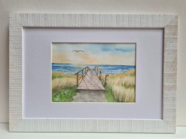 Original Aquarell Strand Meer Steg Düne Sonnenuntergang Sylt - original Gemälde inkl. Rahmen